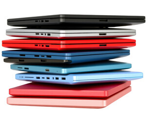 Stack of colorful laptops isolated on transparent background