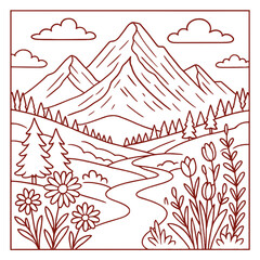 Hand drawn scenic mountain landscape with trees, river, and flowers in vintage style