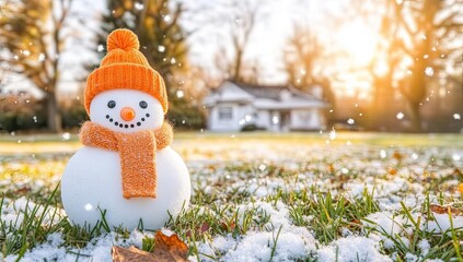 A cheerful snowman with an orange hat and scarf stands on a lawn covered in snow and fallen leaves with a house in the background