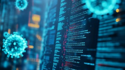 Fluorescent blue coronavirus particles float around lines of computer code on a digital screen. - Powered by Adobe