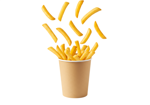 Golden french fries pouring from a cardboard cup Isolated on transparent background