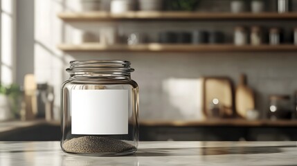 Jar of Secrets: A clear glass jar with a blank label, elegantly displayed on a clean surface, with background in blurred interior, hinting at culinary or storage possibility.