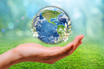 World Day, World Environment Day, Earth with hand, nature environment with green nature environment. earth in hand, green nature, nature protection, save the planet, eco friendly, environment care.