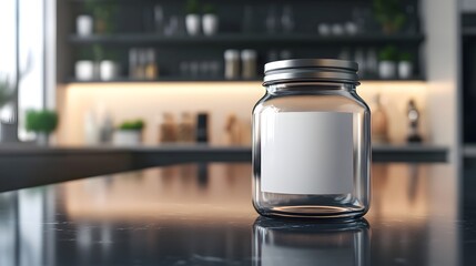 Glass Jar on Marble Counter: A sleek glass jar with a blank label sits atop a pristine marble counter, set against the backdrop of a modern kitchen with subtle lighting.