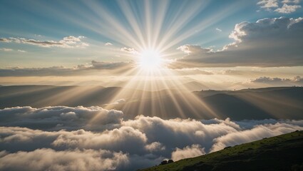 Radiant sunlight piercing through clouds over mountain range creating a serene atmosphere view point