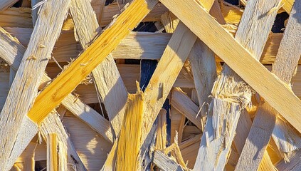A close-up view of a pile of wooden planks, some broken, in various shades of yellow and white