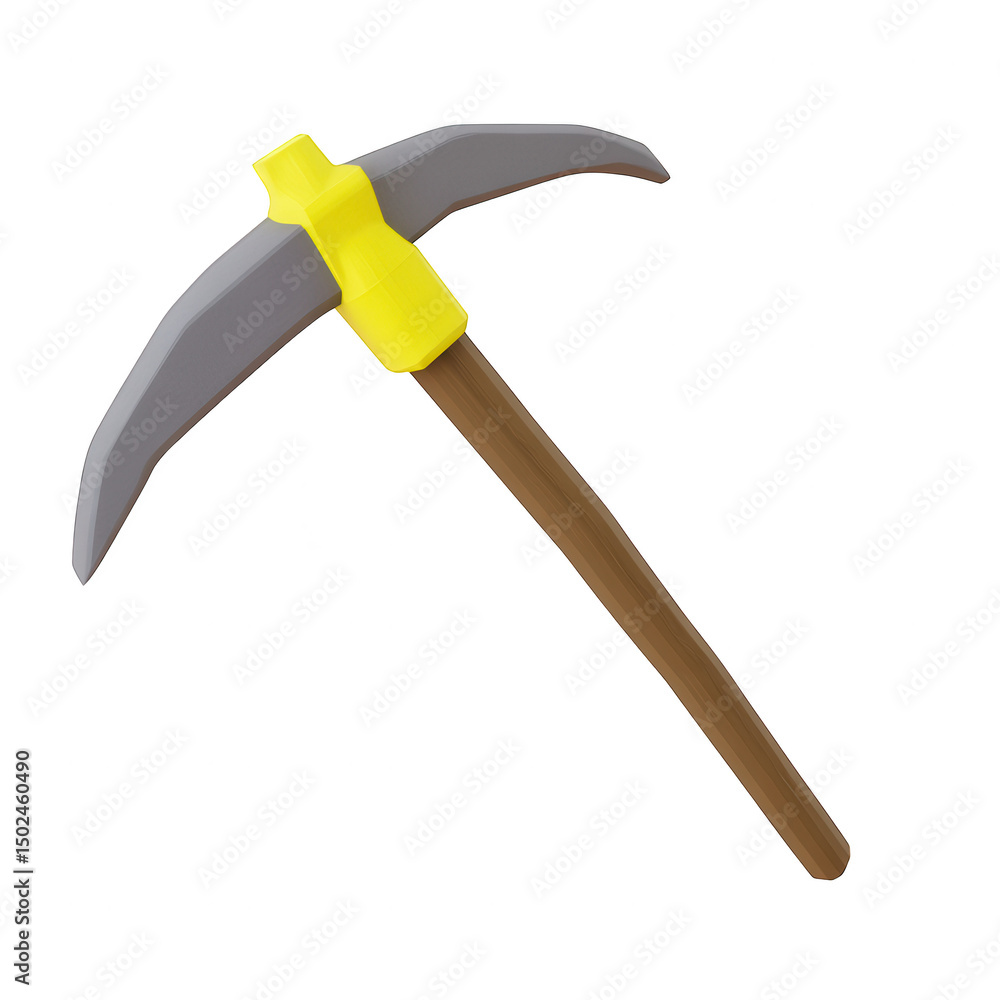 Poster 3d pickaxe tool with yellow handle isolated on transparent background, mining and construction