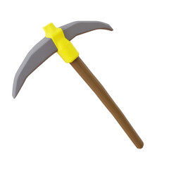 3D Pickaxe tool with yellow handle isolated on transparent background, mining and construction