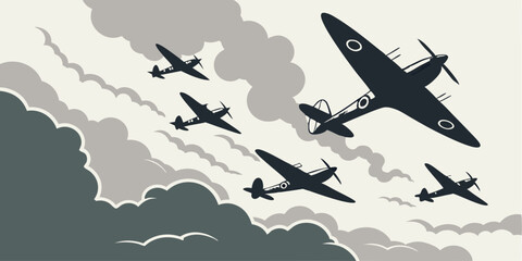 Silhouette of vintage fighter planes flying amongst clouds in a retro style illustration