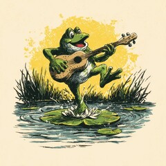 Playful Frog Musician - Adorable Vintage Cartoon Character Strumming Guitar on Lily Pad Stage in Comic Print Style