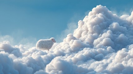 Fluffy white sheep atop cumulus clouds