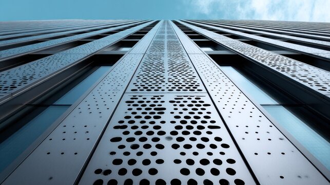 Modern skyscraper facade with perforated metal panels
