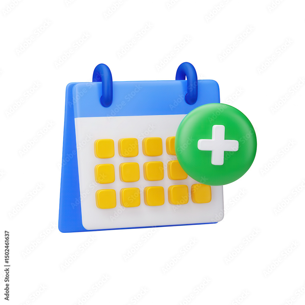 Poster 3d calendar with plus sign isolated on transparent background for appointments and schedules