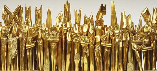 A densely packed array of golden, abstract sculptures, each with unique, intricate forms
