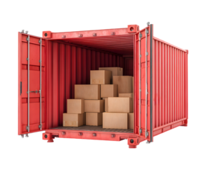 Red Shipping Container with Cardboard Boxes Inside