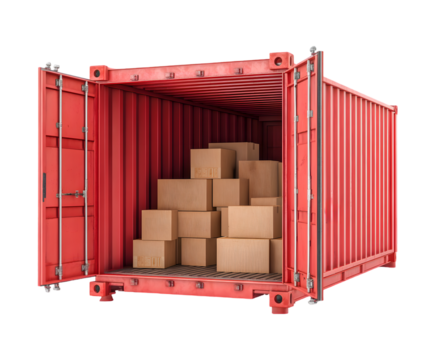 Red Shipping Container with Cardboard Boxes Inside