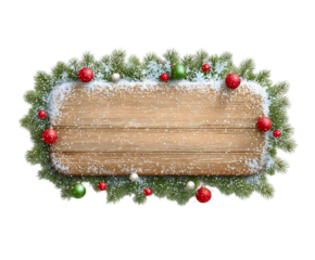 Christmas Wooden Sign with Fir Branches, Snow, and Ornaments