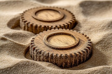 Intricate wooden gear mechanisms partially covered in fine sand, symbolizing forgotten industry and the reclamation by nature