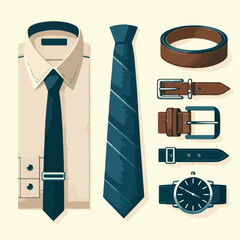 Men's accessory vector: ties, watches, belts, and shirt cuffs.