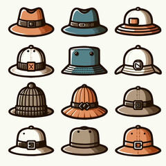 Fashion hat vector set: fedora, beanie, bucket hat, and baseball cap.