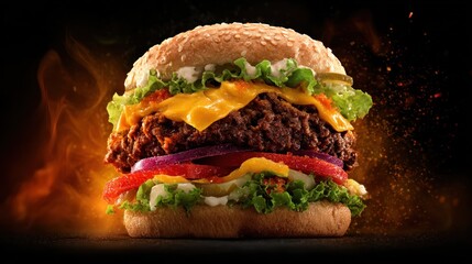 Delicious gourmet burger with melted cheese, juicy patty, and fresh toppings
