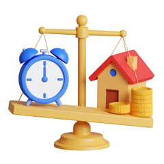 Time vs. Homeownership A 3D illustration depicting a balance scale weighing a clock against a house and coins, symbolizing the trade-off between time and financial investment in homeownership