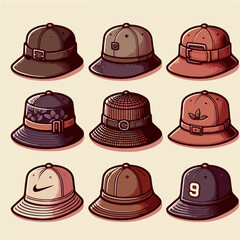 Fashion hat vector set: fedora, beanie, bucket hat, and baseball cap.