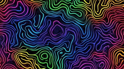 Vibrant rainbow lines swirl on black background, creating a psychedelic, topographic-like abstract art piece