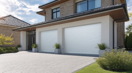 Fototapeta premium Modern two-car garage doors on a beautiful home