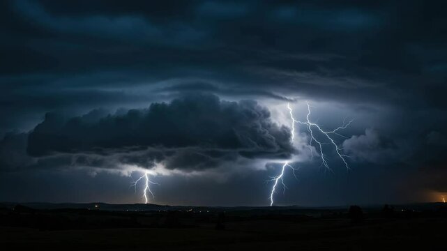 Dramatic night lightning storm landscape