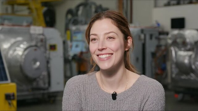 Smiling Engineer: A portrait of a cheerful engineer, a symbol of innovation and technical expertise, beams brightly at a high-tech manufacturing plant, showcasing competence and expertise.