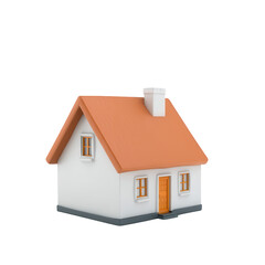 3D rendering of a charming white house with an orange roof, isolated on transparent background