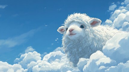 Fluffy white lamb in a bright blue sky, surrounded by cumulus clouds