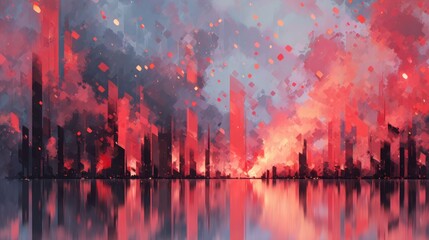 Fiery cityscape reflected in water