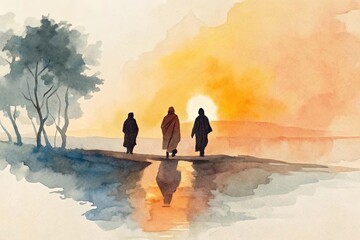 Watercolor painting of the Road to Emmaus with Christ and two companions