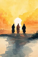 Watercolor painting of the Road to Emmaus with Christ and two companions