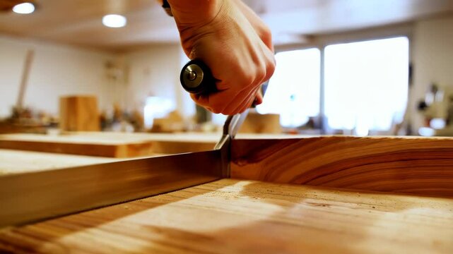 Close-up of a carpenter using a hand saw to cut a wooden board in a workshop setting, showcasing craftsmanship and woodworking skills.