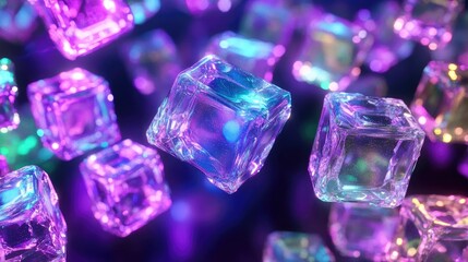 Glowing, translucent cubes float in vibrant, multicolored light