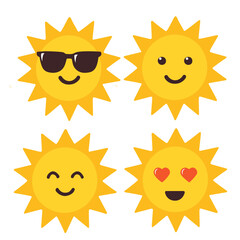 Sun icons set in flat vector style, different expressions, isolated on white