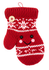 Knitted red mitten with a happy face