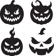 Spooky Halloween pumpkin face bundle with evil expression in flat black silhouette vector illustration set