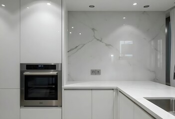 Bright modern kitchen with white cabinets, marble-patterned backsplash, and integrated under-cabinet lighting for a clean, elegant look.