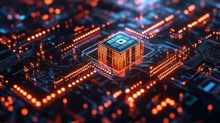 Obraz premium Glowing Microchip Marvel High Tech Innovation Advanced Computing Technology Artificial Intelligence Motherboard