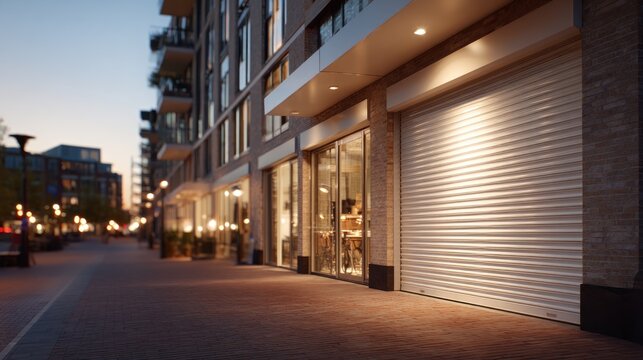 Modern storefront at night with security rolling shutter