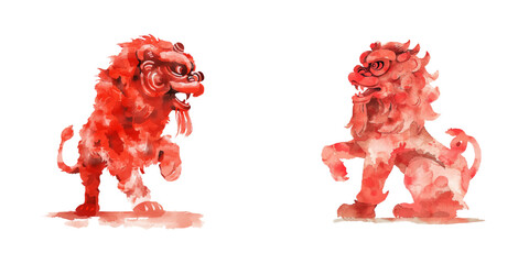 abstract red silhouette of lion dance watercolor vector illustration