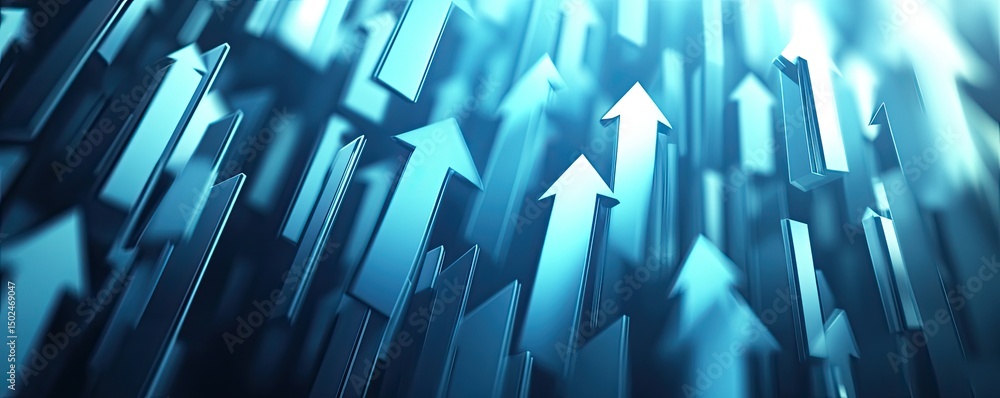 Poster many upward-pointing arrows, in shades of blue, create a dynamic and powerful visual representing gr