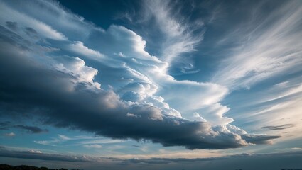 A picturesque view of a cloudy sky with dramatic clouds formations and a soft blue hue in the background