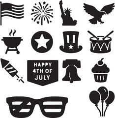 A bold collection of 20 black Independence Day silhouette icons, including flags, fireworks, and patriotic symbols. Ideal for July 4th graphics, celebrations, and digital art.