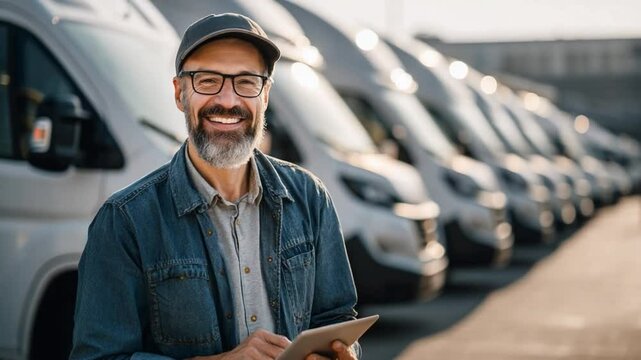Happy Delivery Driver with Fleet: A cheerful delivery driver smiles confidently, holding a tablet in front of a row of pristine delivery vans, signifying success and reliability in logistics.