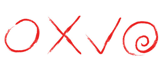 ペンや筆の素材 赤黒の丸やバツやチェックマーク